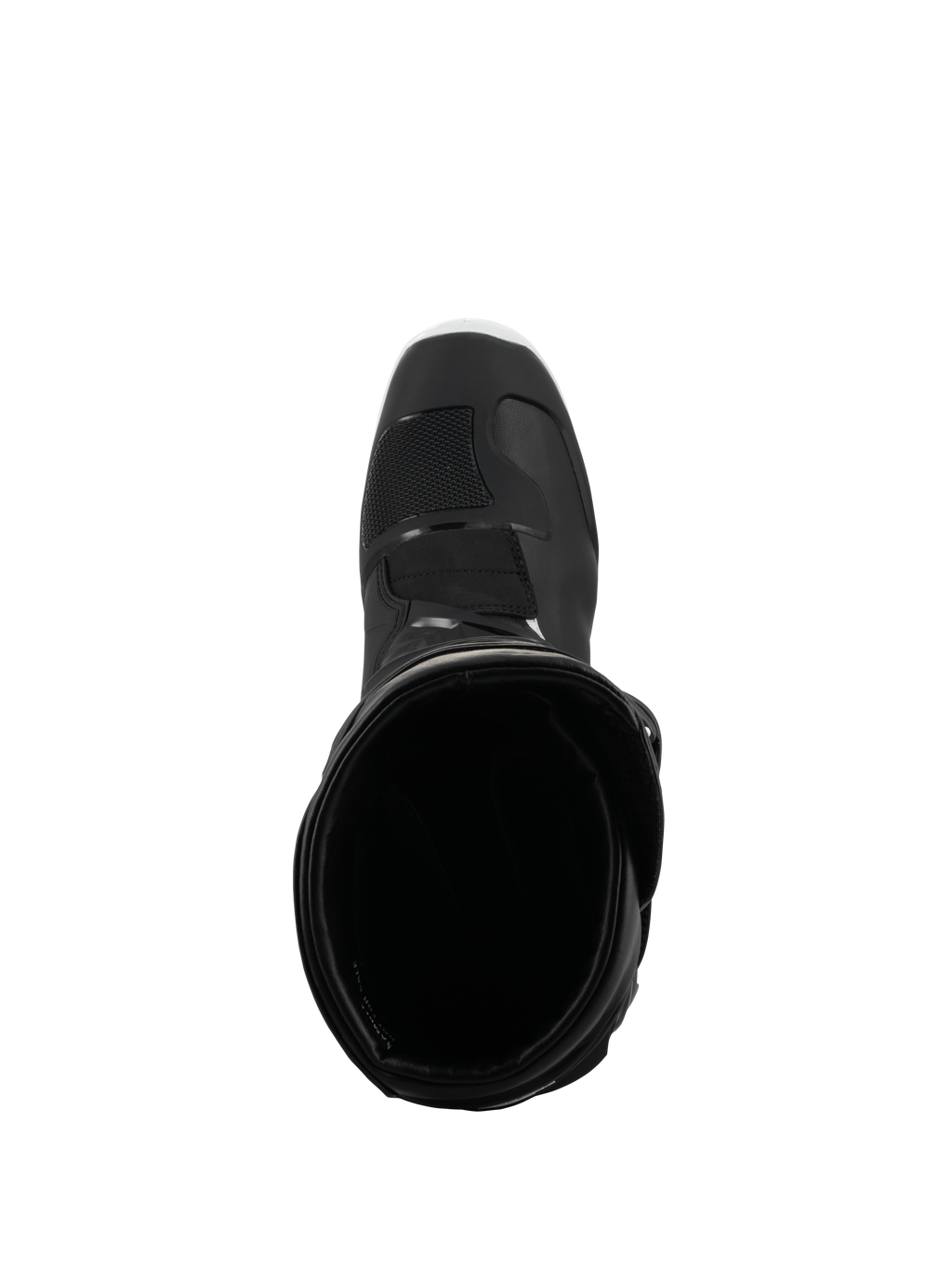 Alpinestars Tech 3 Enduro Waterproof Boots, Black and White, overhead view looking into the boot opening, showing the interior lining and reinforced toe box, designed for off-road and adventure riding.