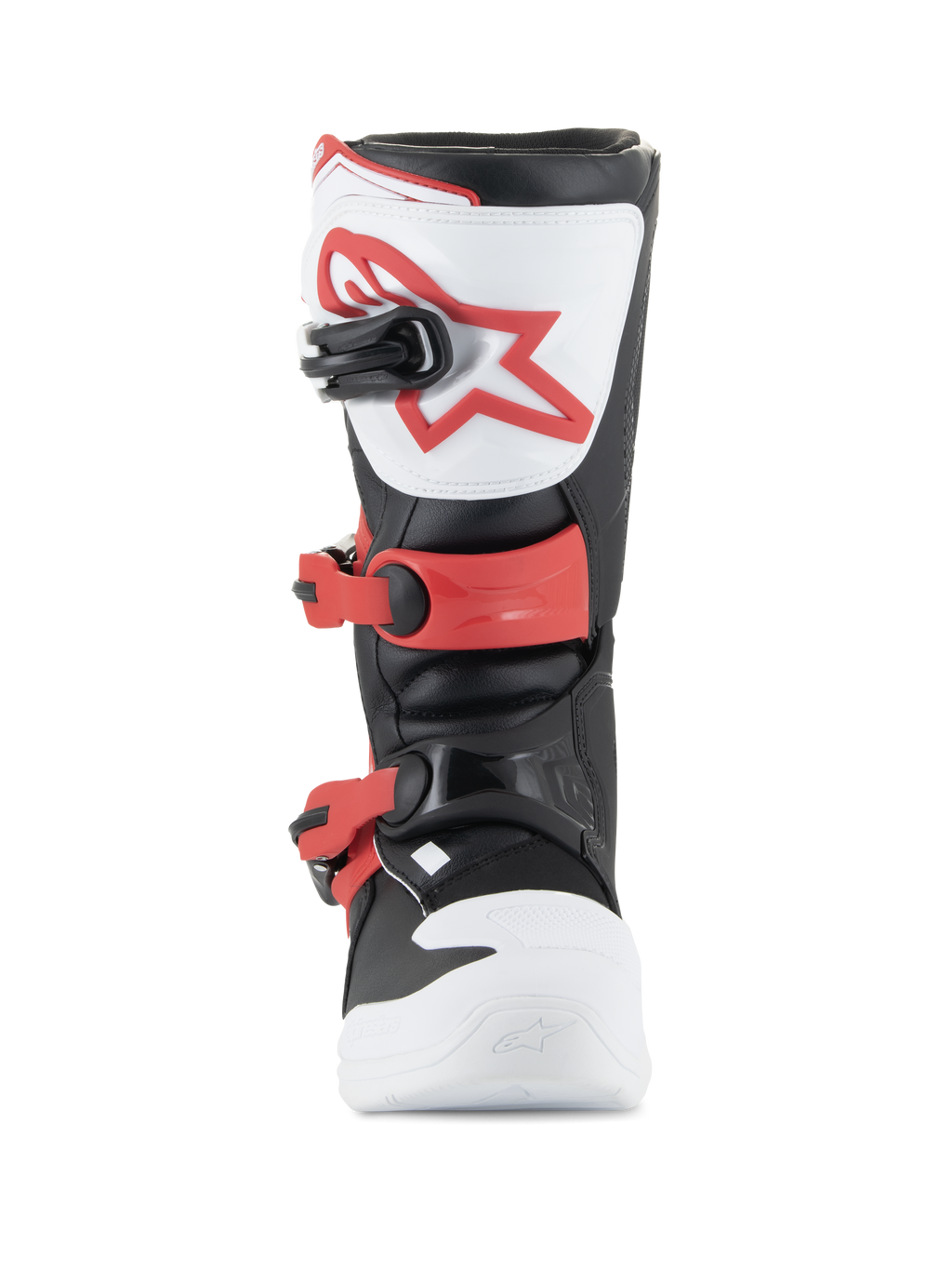 Alpinestars Youth Tech 3S Stiefel, Motocross-Stiefel, Weiß, Schwarz und leuchtendes Rot, Vorderansicht mit TPU-Schienbeinplatte und rotem Logo, verstellbaren roten Schnallen und strapazierfähiger Mikrofaser-Konstruktion für junge Fahrer