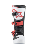 Alpinestars Youth Tech 3S Stiefel, Motocross-Stiefel, Weiß, Schwarz und leuchtendes Rot, Vorderansicht mit TPU-Schienbeinplatte und rotem Logo, verstellbaren roten Schnallen und strapazierfähiger Mikrofaser-Konstruktion für junge Fahrer
