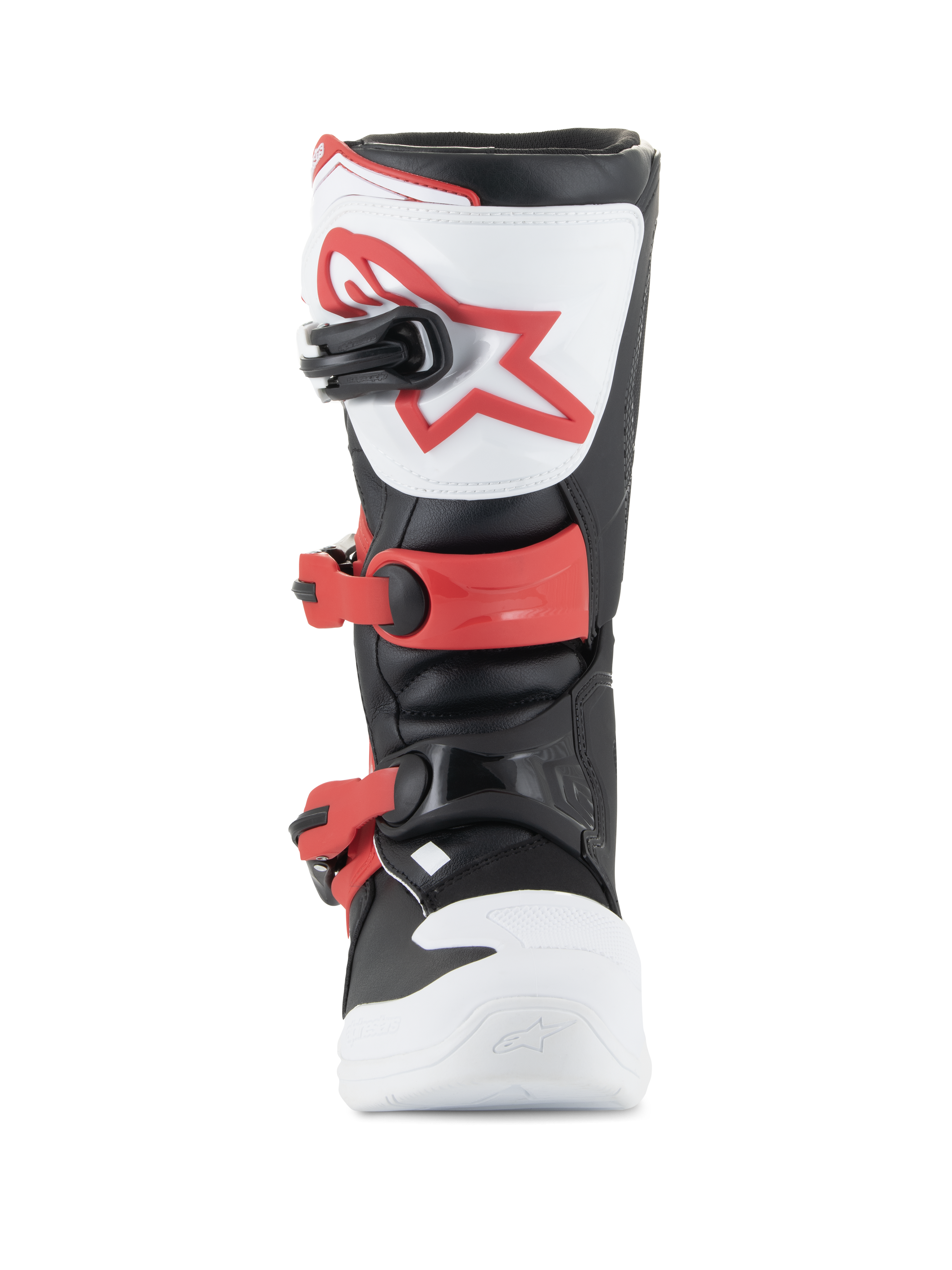 Alpinestars Youth Tech 3S Stiefel, Motocross-Stiefel, Weiß, Schwarz und leuchtendes Rot, Vorderansicht mit TPU-Schienbeinplatte und rotem Logo, verstellbaren roten Schnallen und strapazierfähiger Mikrofaser-Konstruktion für junge Fahrer