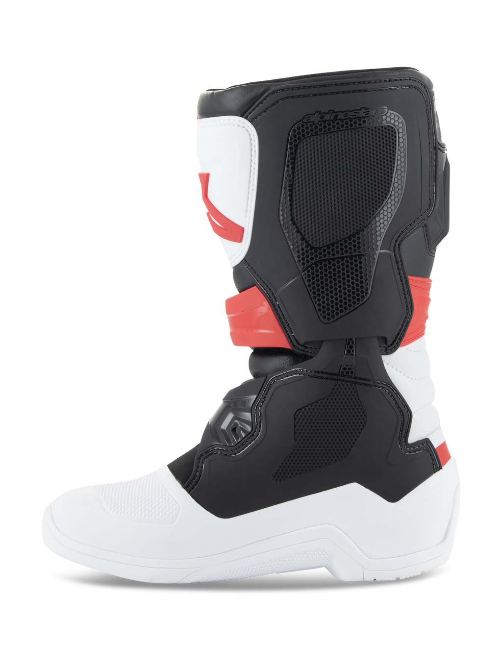 Alpinestars Youth Tech 3S Stiefel, Motocross-Stiefel, Weiß, Schwarz und Hellrot, Seitenprofilansicht, mit strapazierfähigen TPU-Schutzpaneelen und Mikrofaser-Obermaterial, weiße Sohle und Zehenbereich mit schwarzem Wadenabschnitt und hellroten Akzenten, schützendes Offroad-Schuhwerk für junge Fahrer