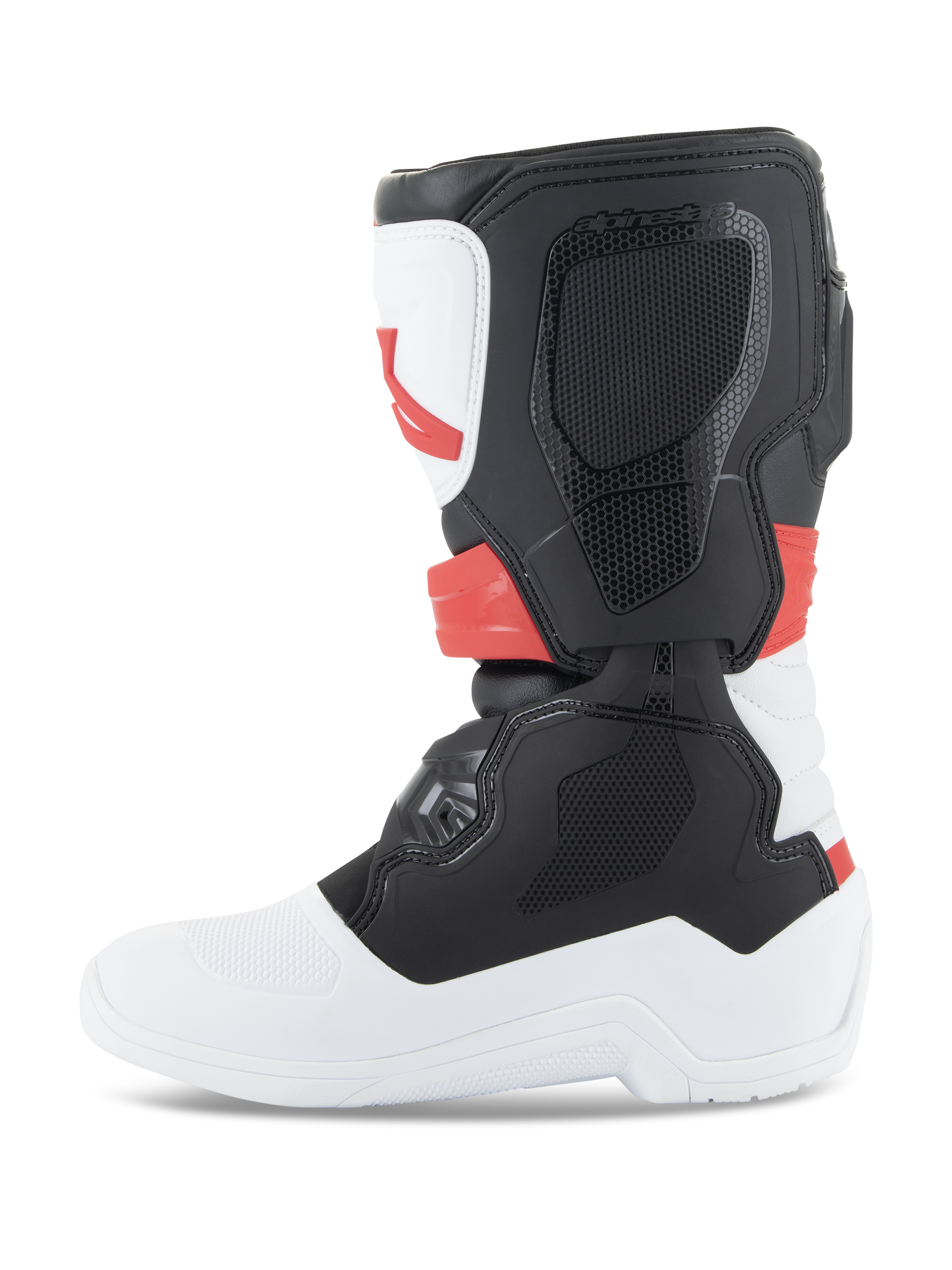 Alpinestars Youth Tech 3S Stiefel, Motocross-Stiefel, Weiß, Schwarz und Hellrot, Seitenprofilansicht, mit strapazierfähigen TPU-Schutzpaneelen und Mikrofaser-Obermaterial, weiße Sohle und Zehenbereich mit schwarzem Wadenabschnitt und hellroten Akzenten, schützendes Offroad-Schuhwerk für junge Fahrer