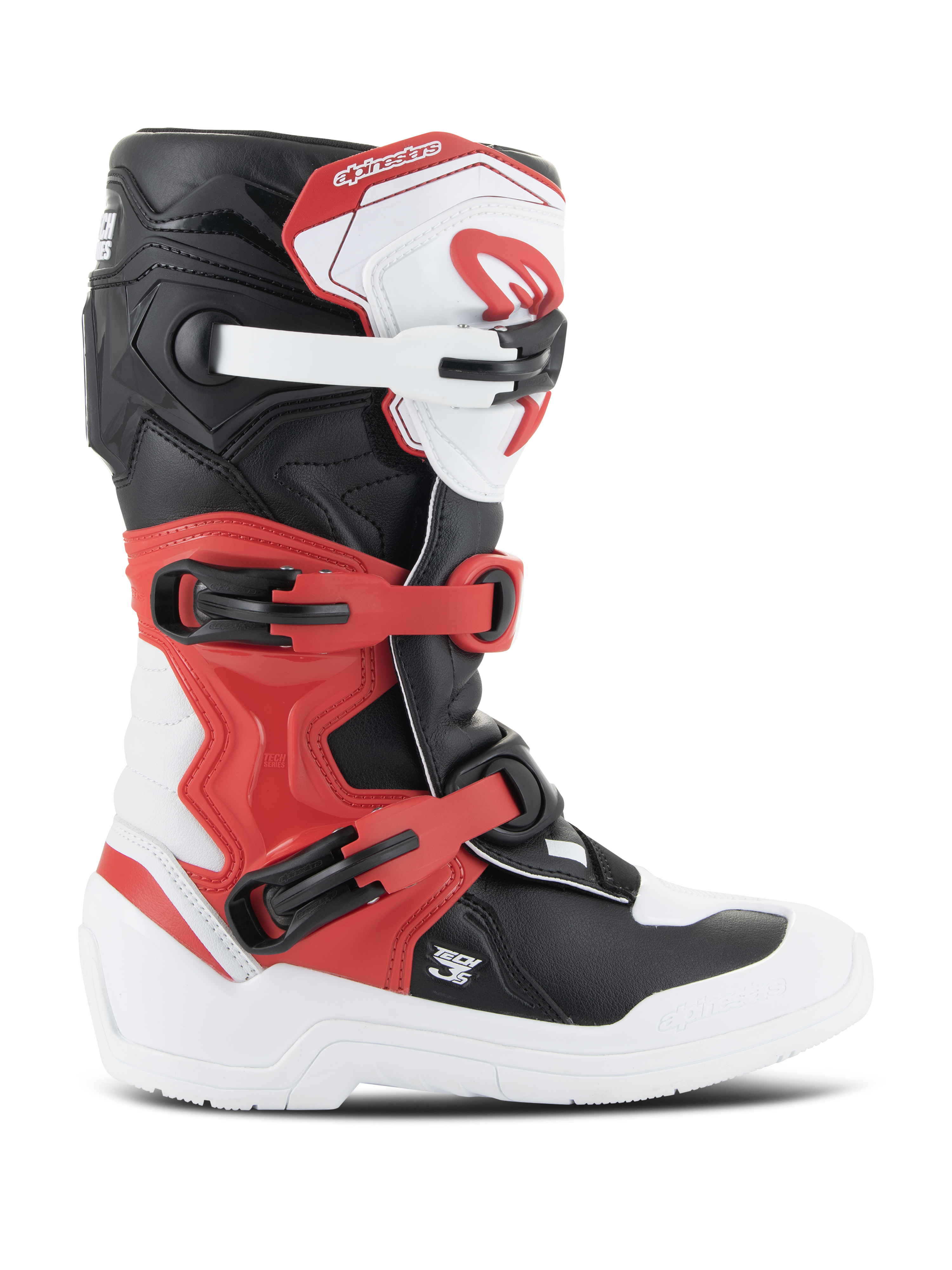 Alpinestars Youth Tech 3S Stiefel, Motocross-Stiefel, Weiß, Schwarz und Hellrot, Seitenansicht, mit einem Mehrfach-Schnallenverschlusssystem, verstärkter Schienbeinplatte und strapazierfähiger weißer Sohle, Junior-Offroad-Schutzausrüstung