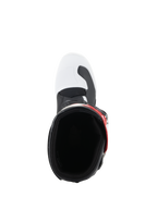 Alpinestars Youth Tech 3S Stiefel, Motocross-Stiefel, Weiß, Schwarz und leuchtendes Rot, Draufsicht mit Blick in die Stiefelöffnung, mit weißer Zehenbox, schwarzen Akzenten und rotem Riemendetail, für junge Fahrer konzipiert.