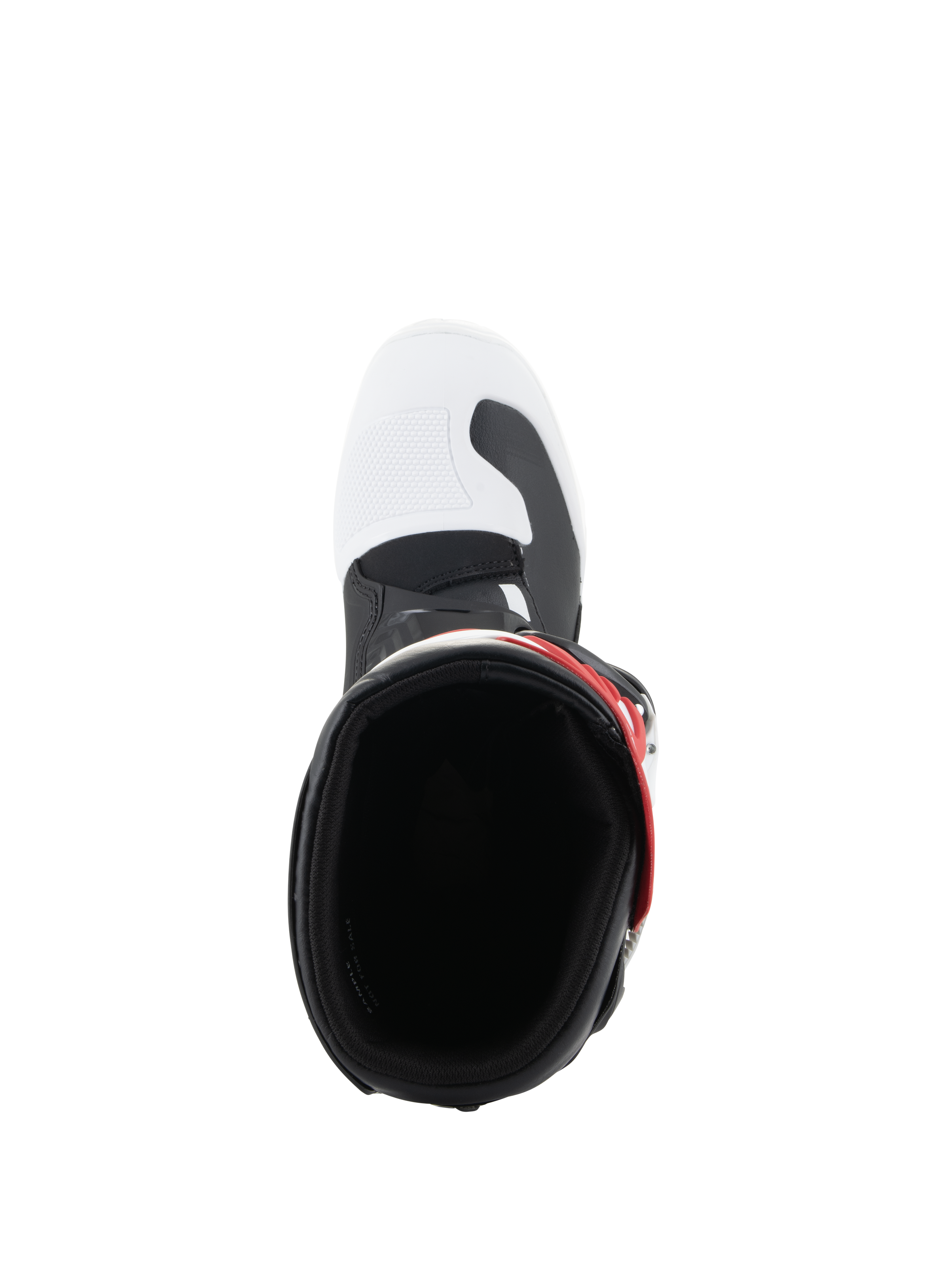 Alpinestars Youth Tech 3S Stiefel, Motocross-Stiefel, Weiß, Schwarz und leuchtendes Rot, Draufsicht mit Blick in die Stiefelöffnung, mit weißer Zehenbox, schwarzen Akzenten und rotem Riemendetail, für junge Fahrer konzipiert.