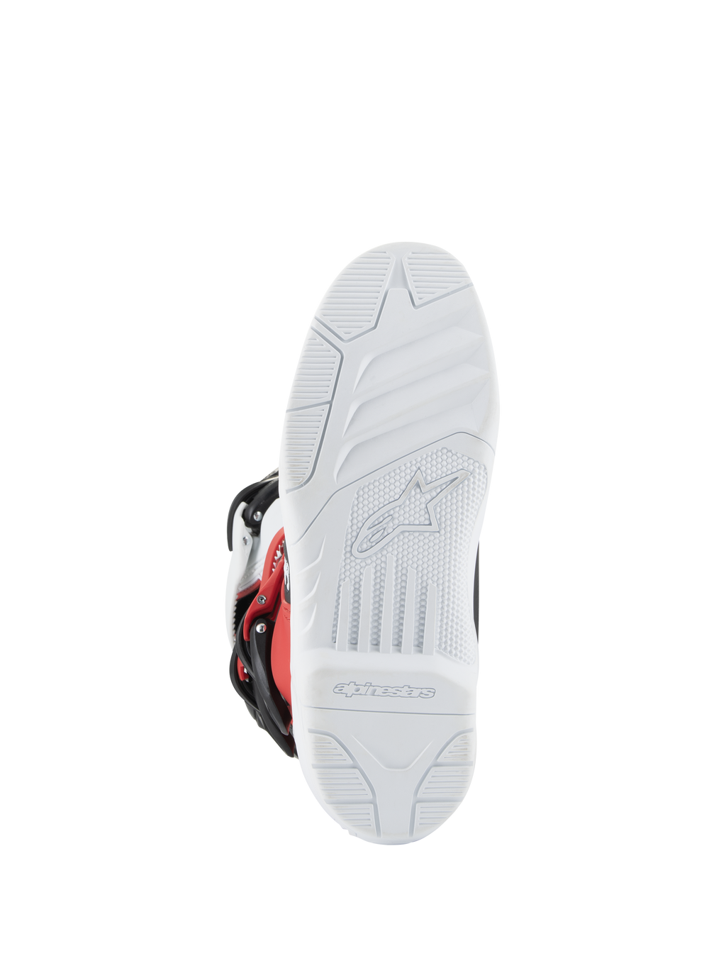 Alpinestars Youth Tech 3S Stiefel, Motocross-Stiefel, Weiß, Schwarz und Bright Red, Sohlenansicht mit weißem strukturiertem Profil, eingeprägtes Alpinestars-Logo und Branding, strapazierfähige Sohle für Offroad-Performance