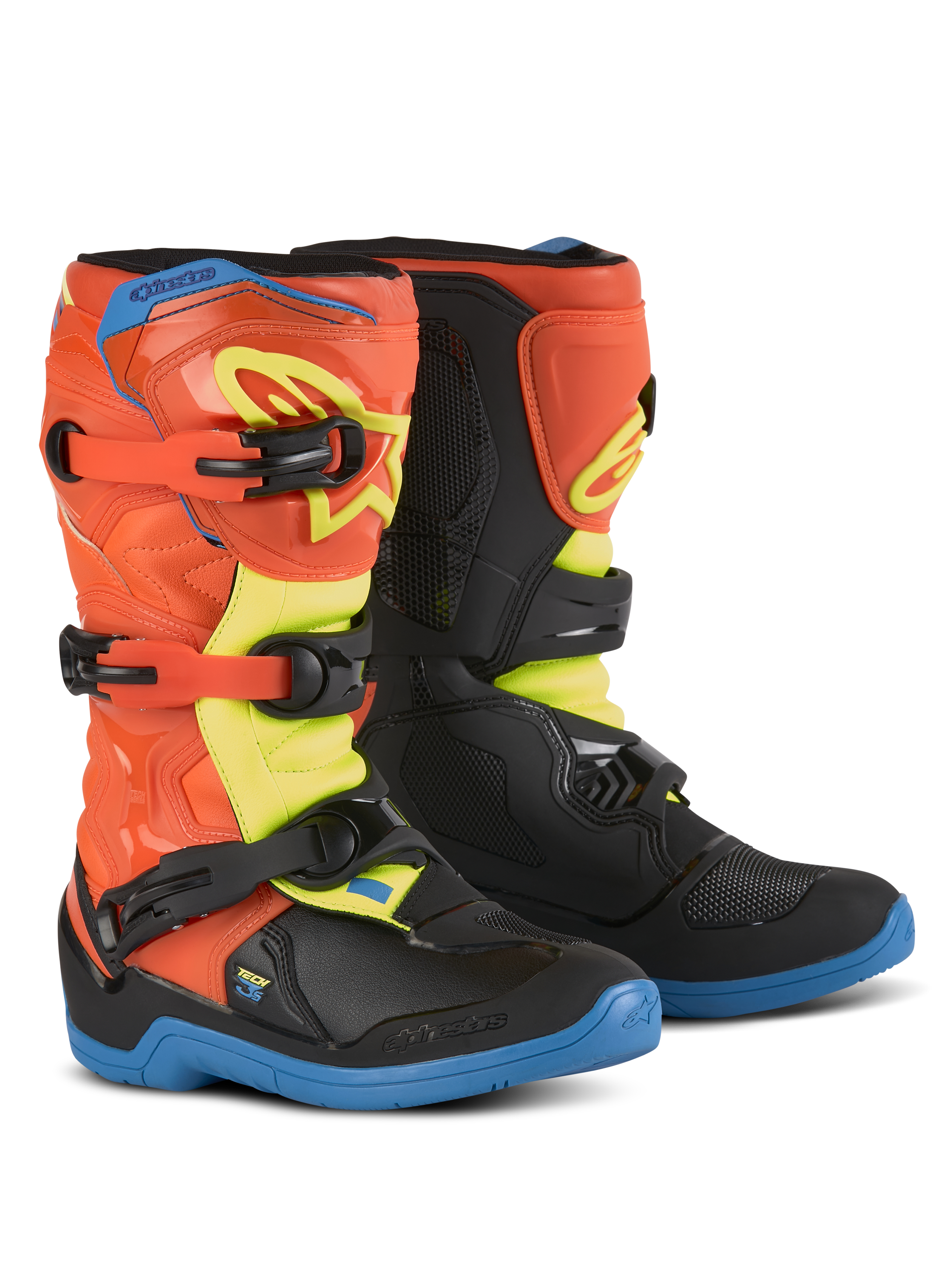 Alpinestars Youth Tech 3S Boots, Motocross Boots for Kids, Orange Fluo, Enamel Blue and Yellow Fluo, blue soles, three-buckle closure system, protective TPU shin plates, off-road riding gear