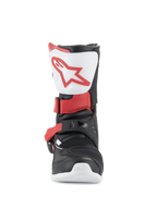 Alpinestars Kids Tech 3S Boots, Motocross Boots, White Black and Bright Red, front view showing white shin plate with red logo, black chassis with red buckle straps, protective off-road footwear for young riders