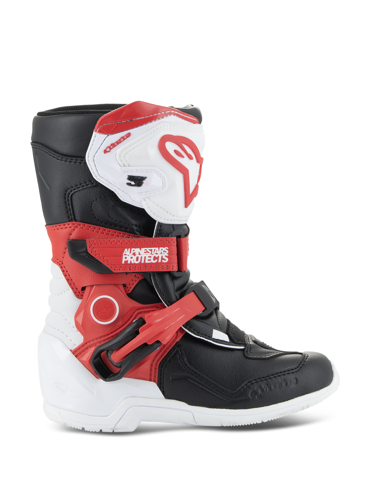 Alpinestars Kids Tech 3S Stiefel, Kinder-Motocross-Stiefel, Weiß, Schwarz und leuchtendes Rot, hochgeschnittenes Schutzdesign, verstellbare rote Riemen, weiße Schienbeinplatte mit rotem Logo, strapazierfähige weiße Außensohle