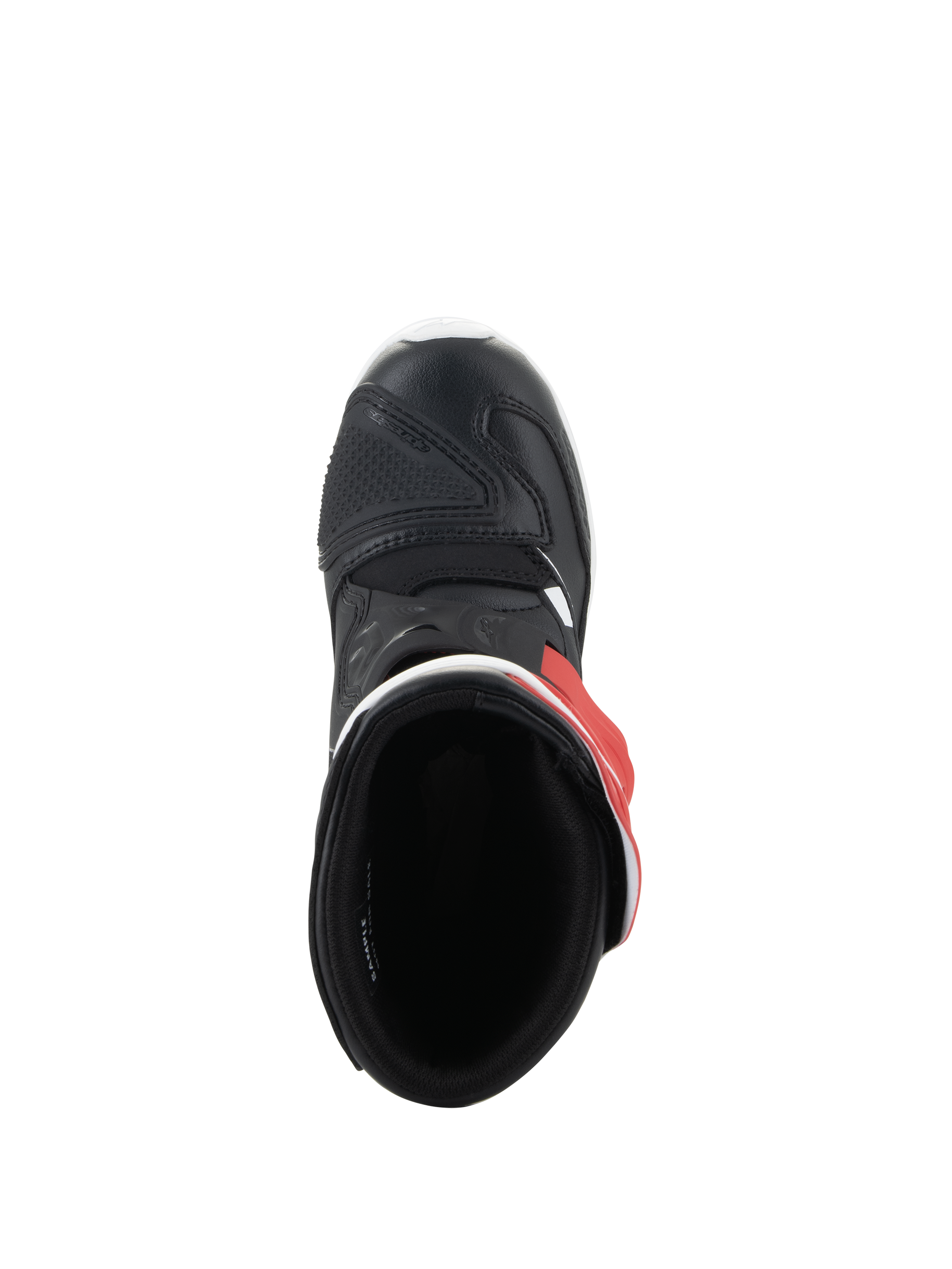 Alpinestars Kids Tech 3S Boots, Motocross Boots, White Black and Bright Red, top-down view showing the interior and black microfiber toe, protective footwear for young off-road riders
