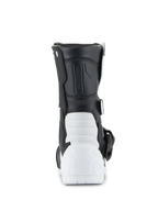 Alpinestars Kids Tech 3S Boots, Motocross Boots, White and Black, Rear view showing the reinforced TPU heel with Tech Series branding, black synthetic upper and white lower shell construction, protective youth off-road footwear