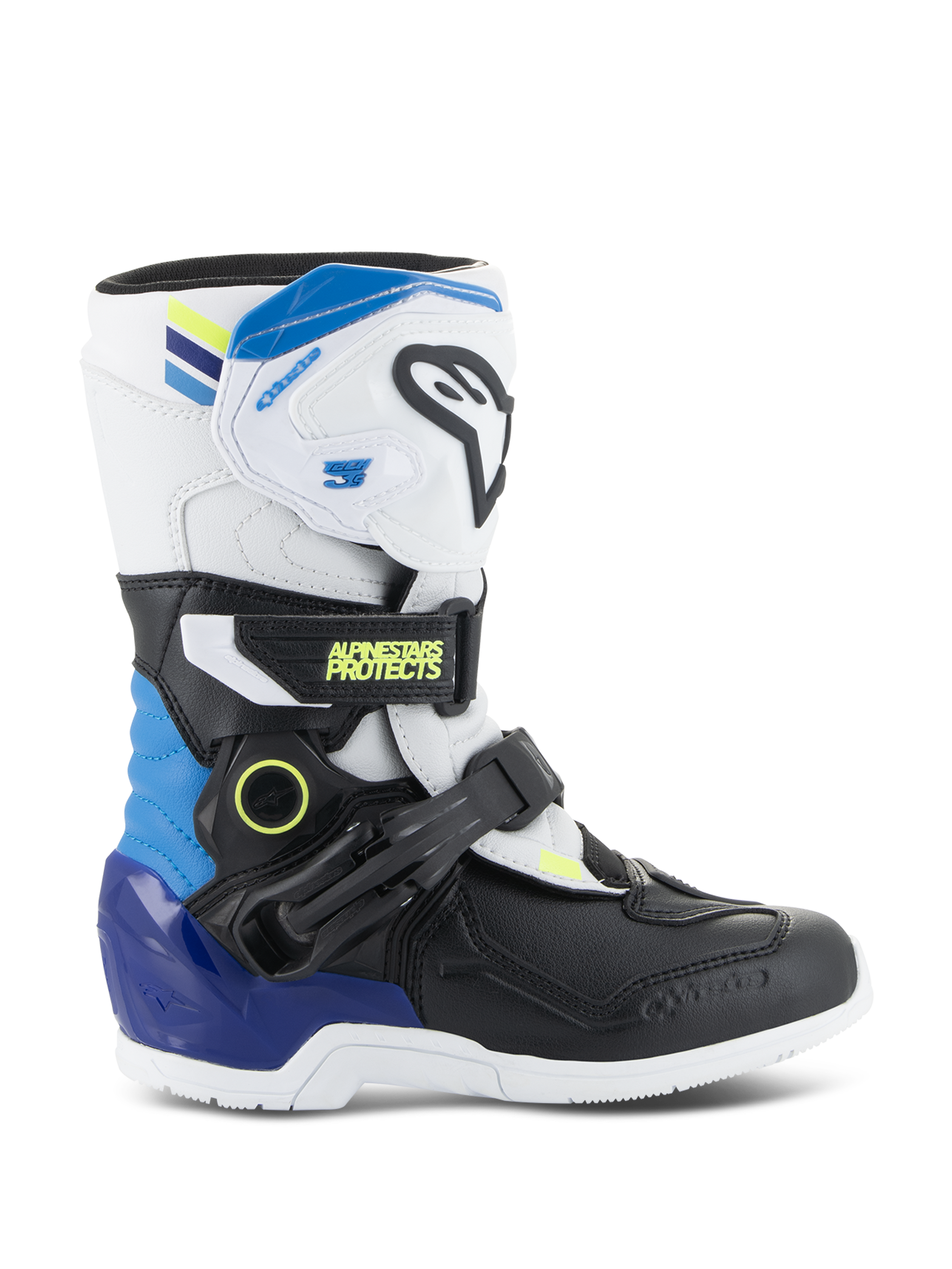 Alpinestars Kids Tech 3S Stiefel, Jugend-Motocross-Stiefel, Weiß und Schwarz mit Akzenten in Enamel Blue und Gelb, Seitenansicht mit schützenden Schnallenriemen und robuster Sohle, Offroad-Rennsport-Schuhwerk