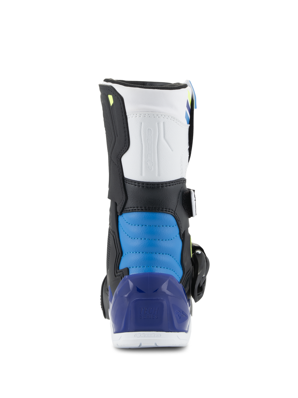 Alpinestars Kids Tech 3S Stiefel, Motocross-Stiefel, Weiß, Schwarz und Enamel Blue, Rückansicht mit blau gepolstertem Fersenbereich und durchscheinender blauer Fersenschale, strapazierfähige Offroad-Schutzausrüstung für Kinder