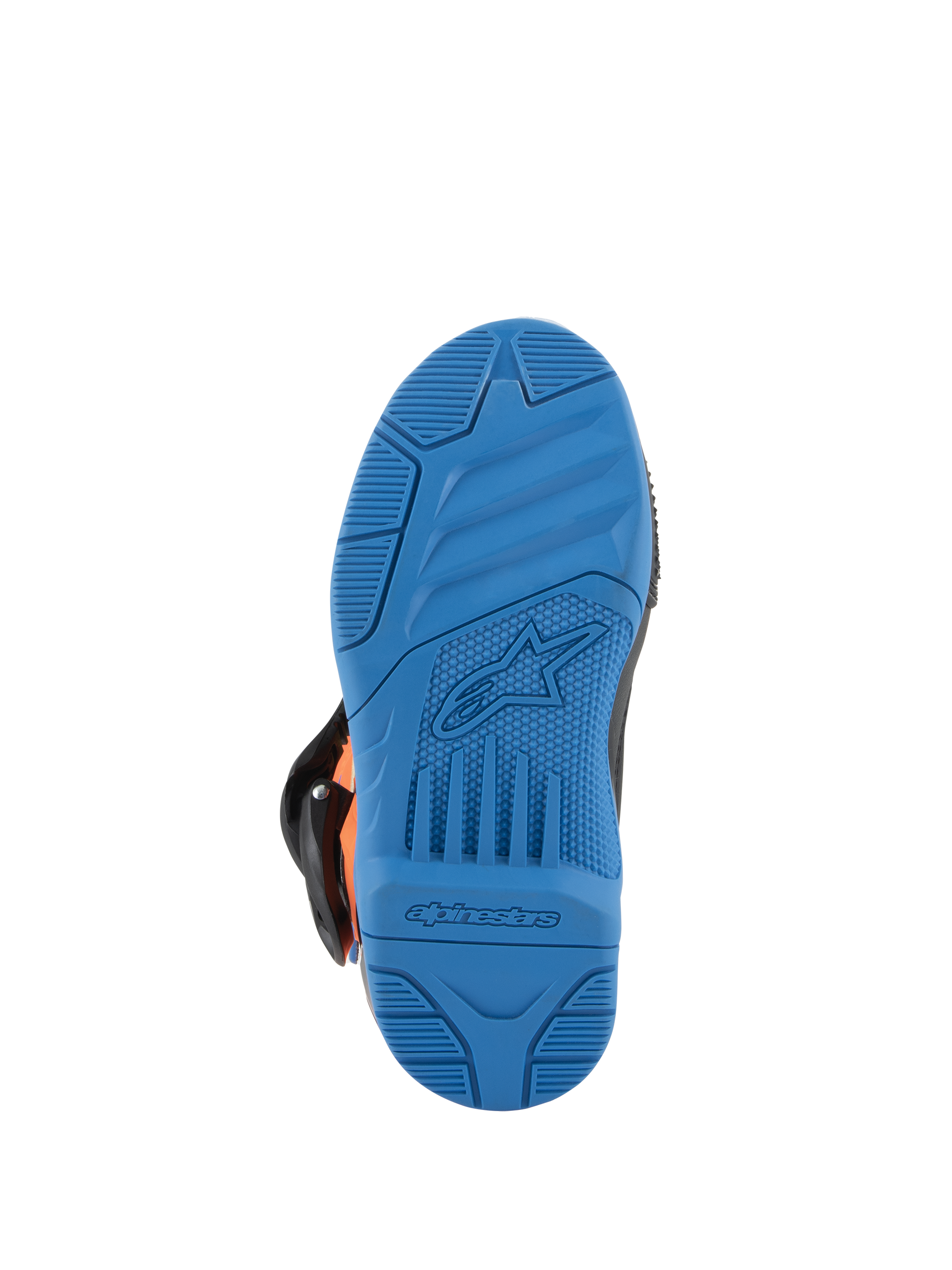Alpinestars Kids Tech 3S Boots, Motocross Boots, Enamel Blue Sole View, high-grip rubber outsole with textured grip patterns, featuring embossed Alpinestars star logo and wordmark, durable off-road footwear design