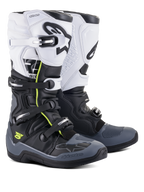 Alpinestars Tech 5 Boots, Motocross and Off-Road Boots, Black Dark Gray and White, featuring neon yellow accents, four-buckle closure system, white upper panel with black Astars logo, dark gray toe and heel protection, and durable microfiber construction