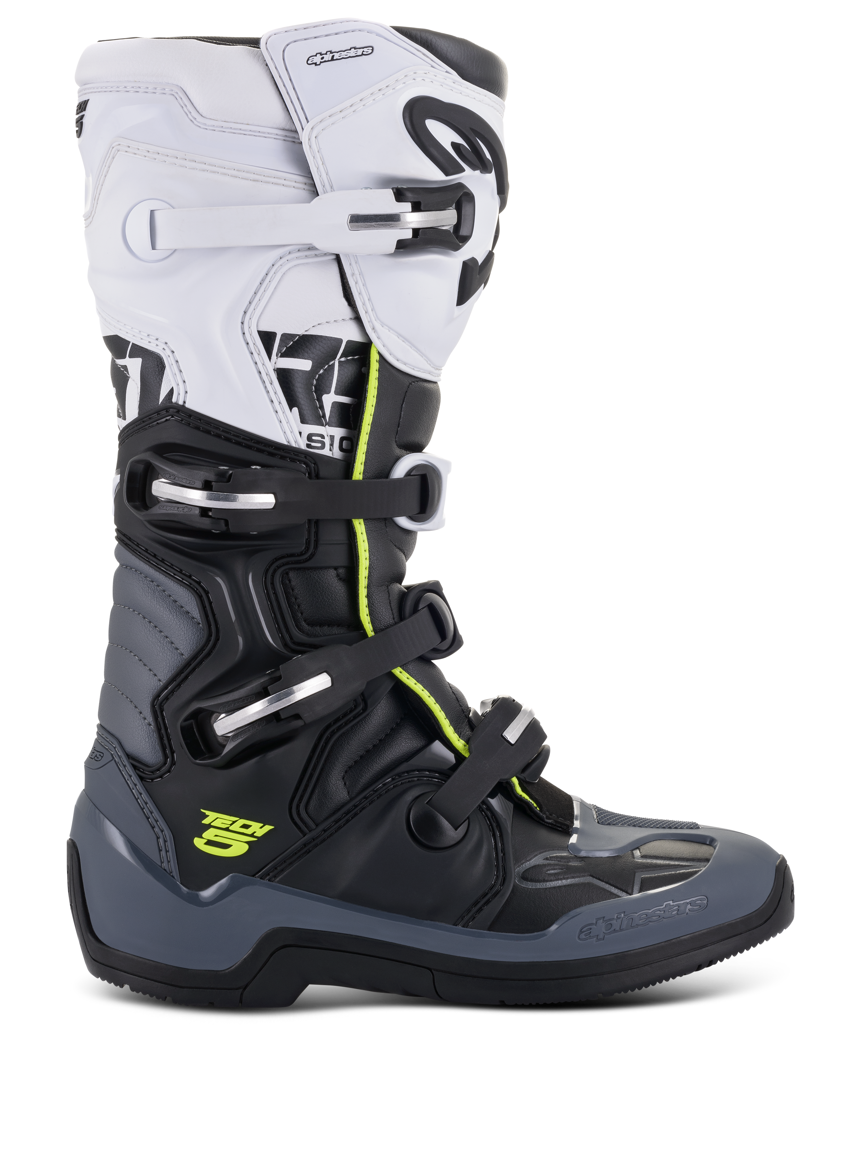 Alpinestars Tech 5 Boots, Motocross Racing Boots, White Black and Dark Gray with Fluorescent Yellow accents, featuring a four-buckle closure system, reinforced protection panels, and biomechanical pivot, premium microfiber construction for off-road performance