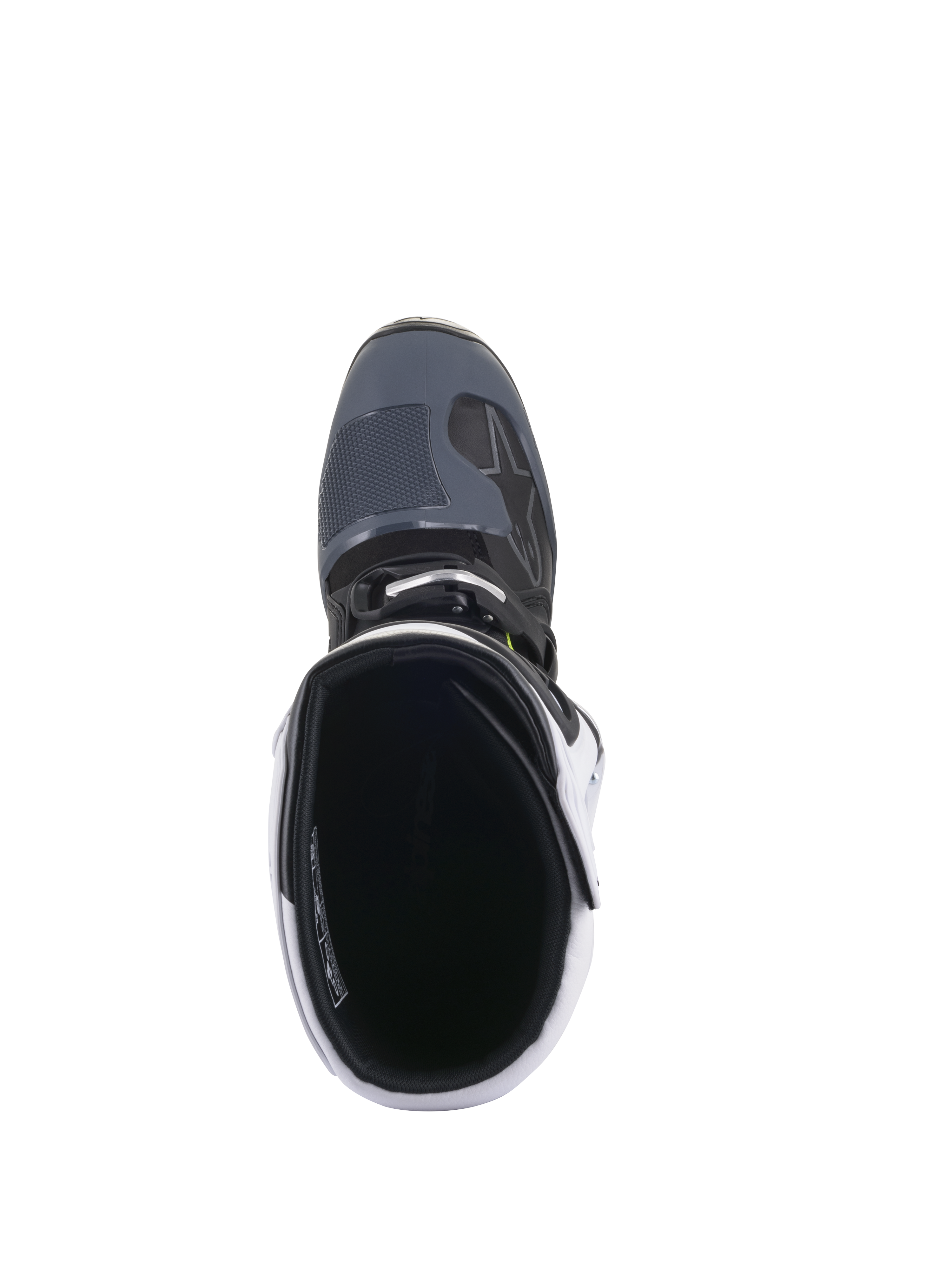 Alpinestars Tech 5 Boots, Motocross Boots, Black Dark Gray and White, top-down view looking into the boot opening, showing the cushioned interior and textured toe box, professional protective footwear for off-road racing