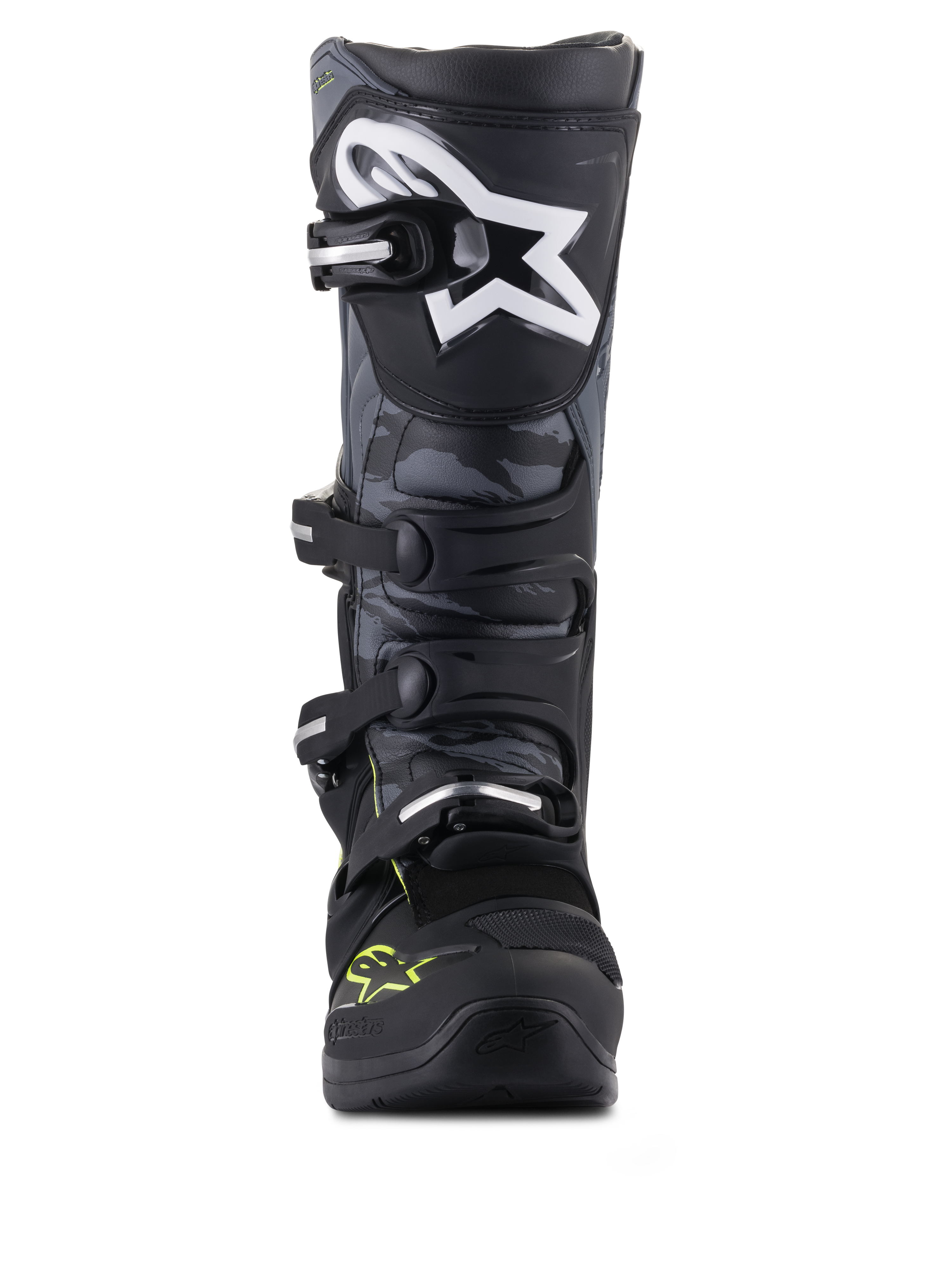 Alpinestars Tech 5 Motocross Boots, Black and Cool Gray with Yellow Fluo, front view with camo panels and star logo.