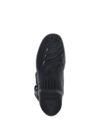 Alpinestars Tech 5 Boots, bottom view of sole, black rubber with textured grip patterns, featuring Alpinestars star logo and branding, durable design for motocross and off-road traction