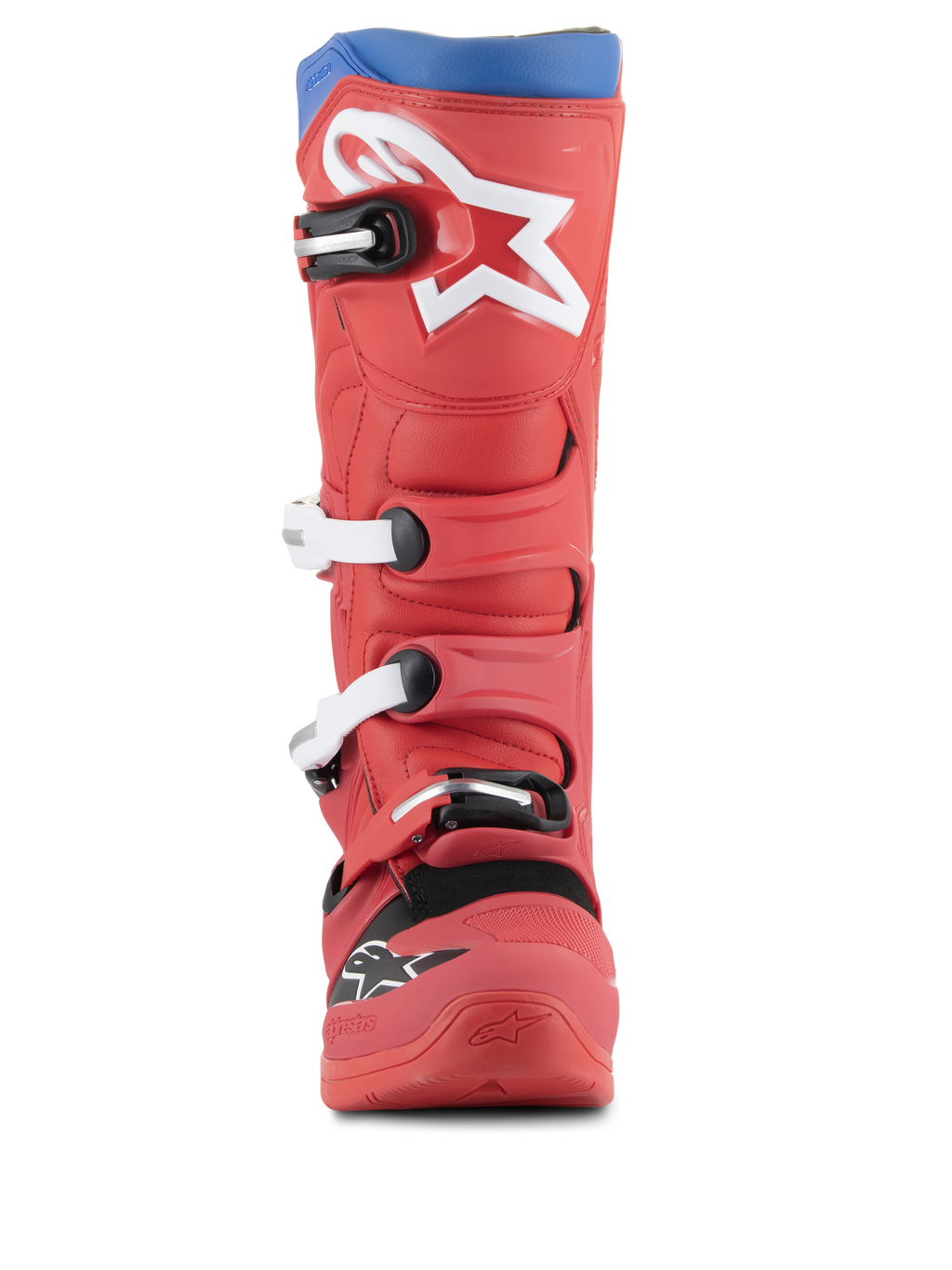 Alpinestars Tech 5 Stiefel, Motocross-Stiefel, Hellrot und Alpinblau, Vorderansicht mit großem weißem Stern-Logo auf dem Schienbein, Mehrfach-Schnallenverschluss-System, robustes Mikrofaser-Design für Offroad-Performance