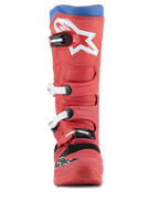 Alpinestars Tech 5 Stiefel, Motocross-Stiefel, Hellrot und Alpinblau, Vorderansicht mit großem weißem Stern-Logo auf dem Schienbein, Mehrfach-Schnallenverschluss-System, robustes Mikrofaser-Design für Offroad-Performance