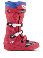Alpinestars Tech 5 Stiefel, Motocross-Rennstiefel, Hellrot und Alpinblau, Seitenprofil mit Vier-Schnallen-Verschlusssystem, verstärkter Zehenbereich mit schwarzem Panel und weißem Logo, strapazierfähiges Mikrofaser-Chassis für Offroad-Schutz
