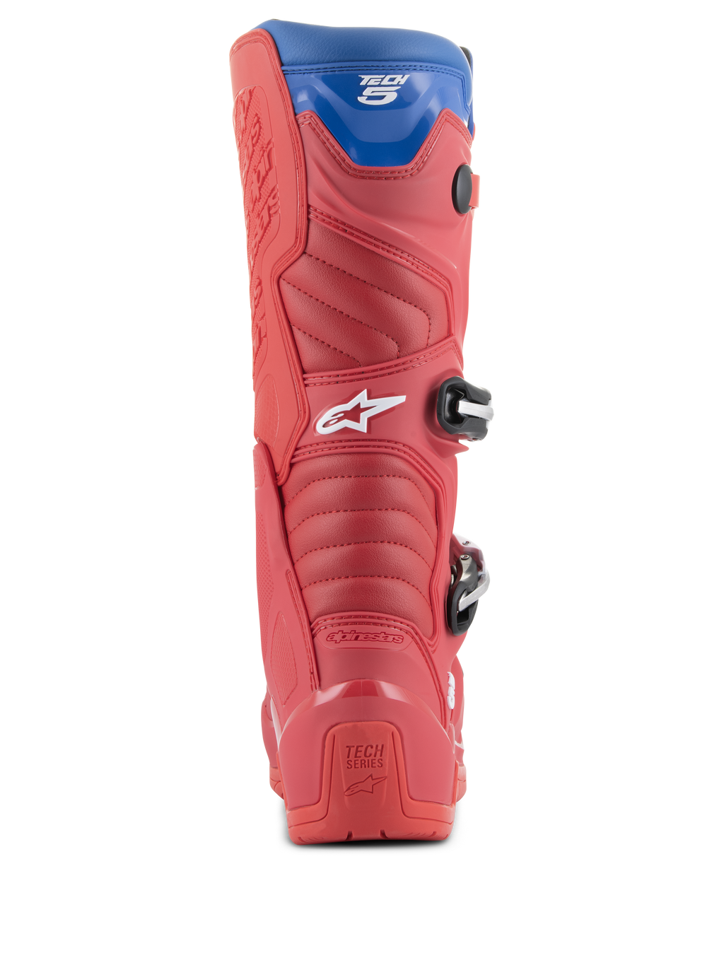 Alpinestars Tech 5 Stiefel, Motocross-Stiefel, Hellrot, Dunkelrot und Alpine-Blau, Rückansicht mit Ferse, Akkordeon-Flexzonen und blauer oberer Gamasche, sichtbare Schnallen und Branding