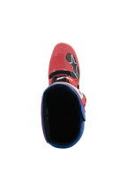 Alpinestars Tech 5 Stiefel, Motocross-Stiefel, Hellrot und Alpin-Blau, Draufsicht mit Blick in das Stiefelinnere, rote Mikrofaser-Zehenbox mit Alpinestars-Logo, blauer gepolsterter Kragen, strapazierfähiges Offroad-Renndesign