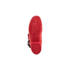 Alpinestars Tech 5 Stiefel, Motocross-Stiefel, Sohlenansicht der hellroten Sohle, strukturiertes Dual-Compound-Profilmuster mit geprägtem Alpinestars-Logo und Branding, entwickelt für Offroad-Performance