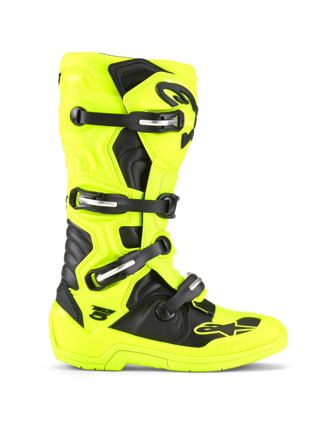 Alpinestars Tech 5 Boots, Motocross and Off-Road Boots, Yellow Fluo and Black, four-buckle closure system, protective TPU shell, biomechanical pivot design, durable sole for racing