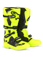 Alpinestars Tech 5 Stiefel, Motocross-Stiefel, Gelb Fluo und Schwarz, mit einem Mehrfach-Schnallen-Verschlusssystem mit silbernen Details, schwarzen Schutzpaneelen und markanten Alpinestars-Logos auf dem Schienbein und im Zehenbereich, konzipiert für Offroad-Performance.