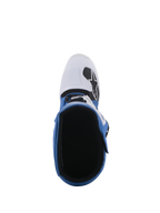 Alpinestars Tech 5 Stiefel, Blau und Weiß, Draufsicht mit Blick auf das Innenfutter und die weiße Zehenbox mit schwarzem Logo, mehrteilige Konstruktion für Offroad- und Motocross-Rennsport