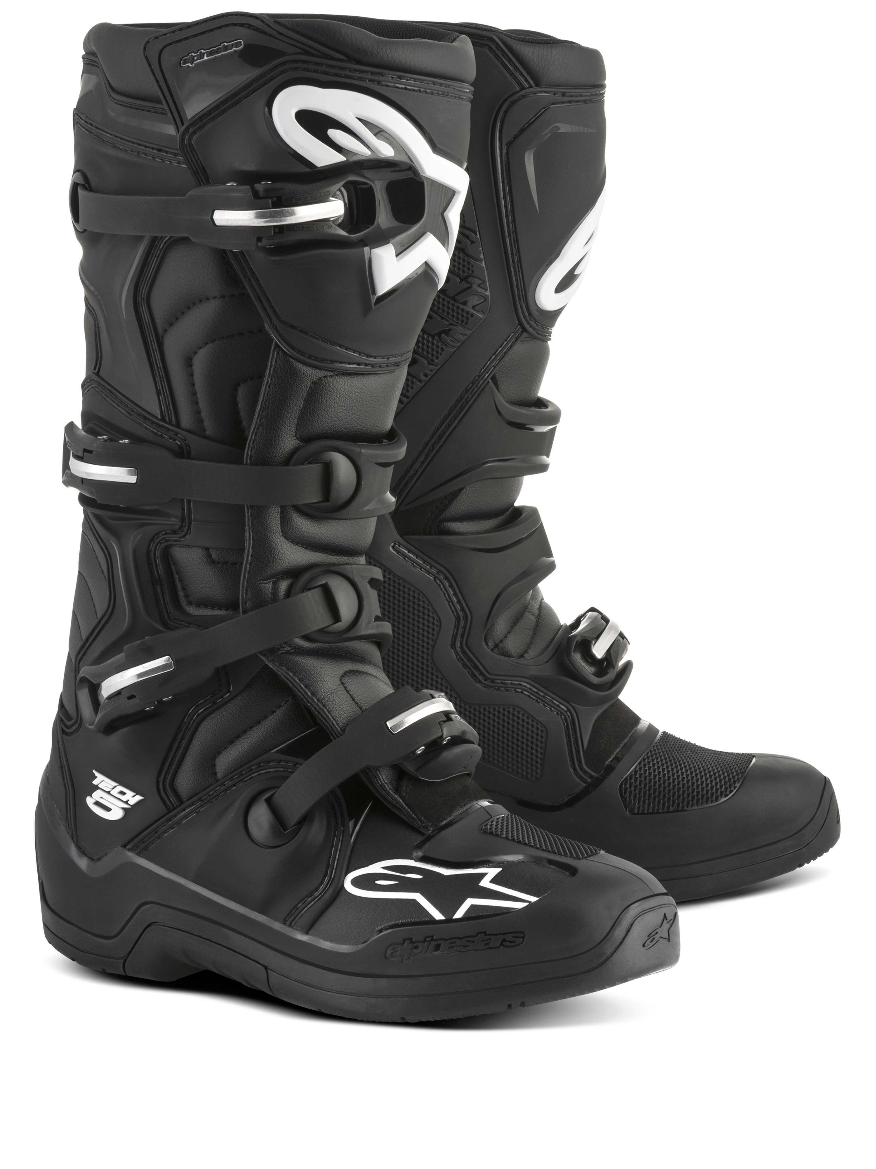 Alpinestars Tech 5 Motocross Boots, Black and White, CE certified with biomechanical pivot and aluminum buckle system.