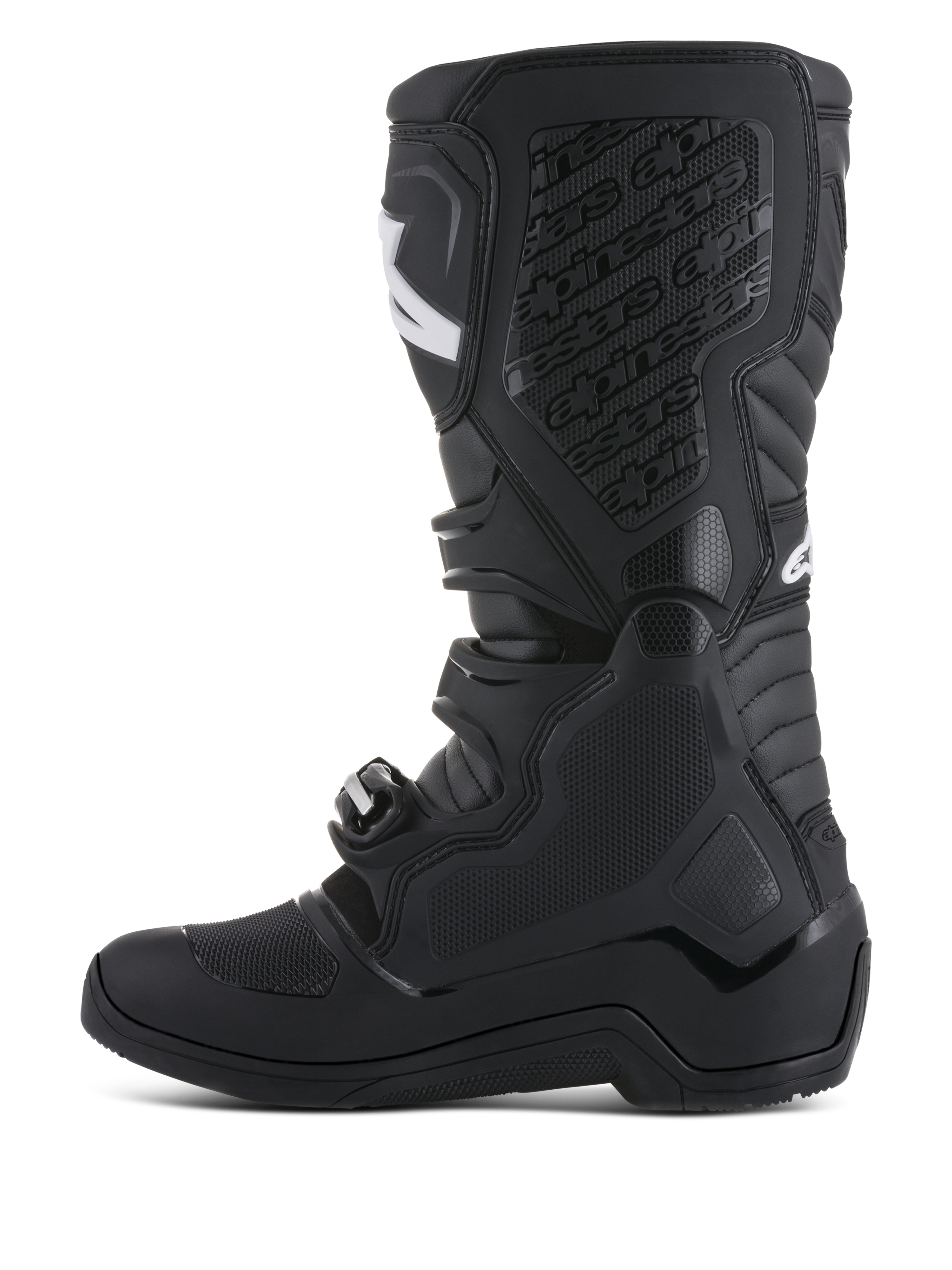 Alpinestars Tech 5 Boots, black motocross racing boots featuring a TPU shin plate and biomechanical pivot system.