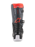 Alpinestars Youth Tech 7S Boots, Motocross Boots, Black Dark Gray and Red Fluorescent, rear view featuring TPU protection panels, red fluorescent Alpinestars logo, and white sole accents, durable off-road protective footwear.