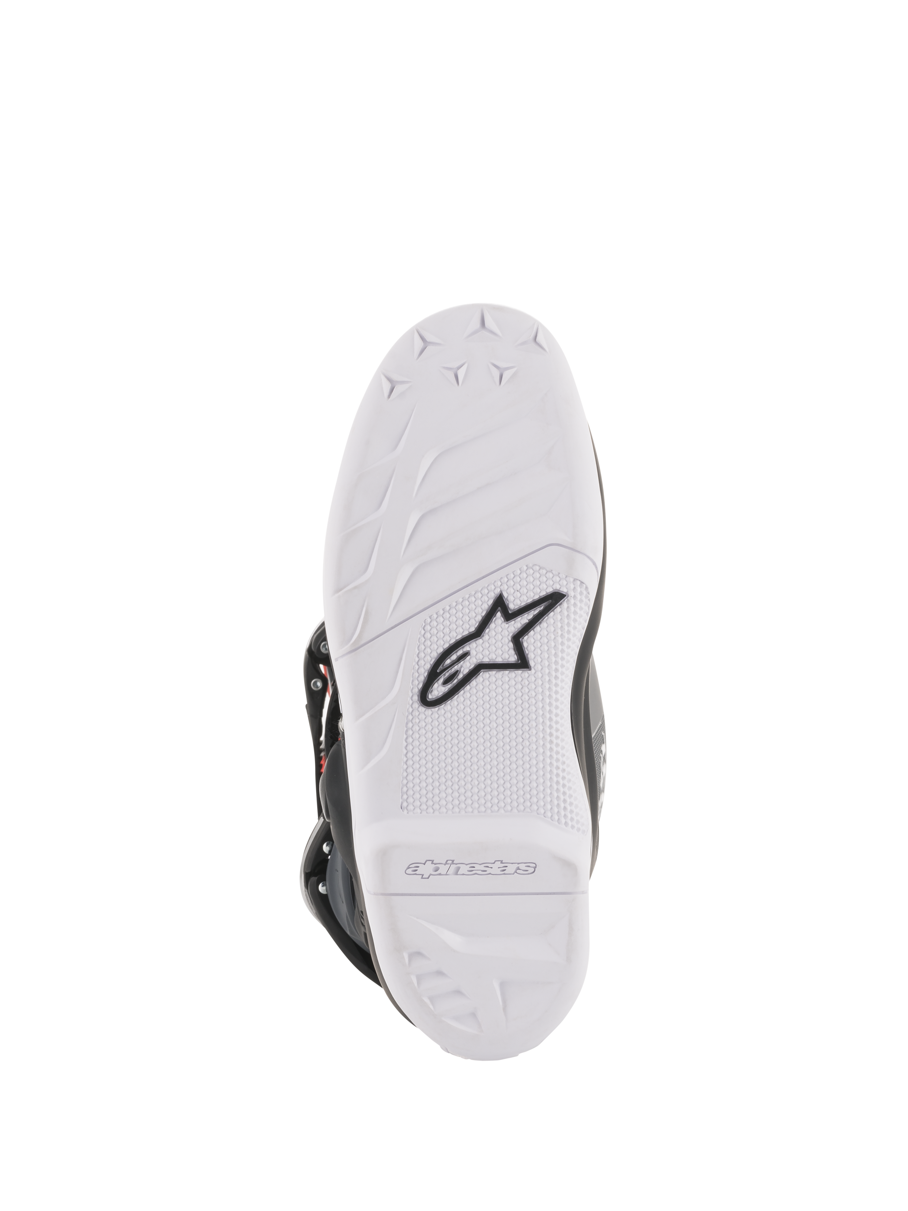 Alpinestars Youth Tech 7S Boots, Motocross Boots, bottom sole view in white, featuring black Alpinestars star logo and embossed branding, durable compound construction with high-performance grip pattern
