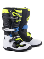 Alpinestars Youth Tech 7S Stiefel, Motocross-Stiefel, Schwarz, Enamel Blue, Gelb Fluo und Weiß, mit hochschlagfesten Schnallenverschlüssen, TPU-Schienbeinplatten und flexiblem Pivot-System für Junior-Offroad-Performance.