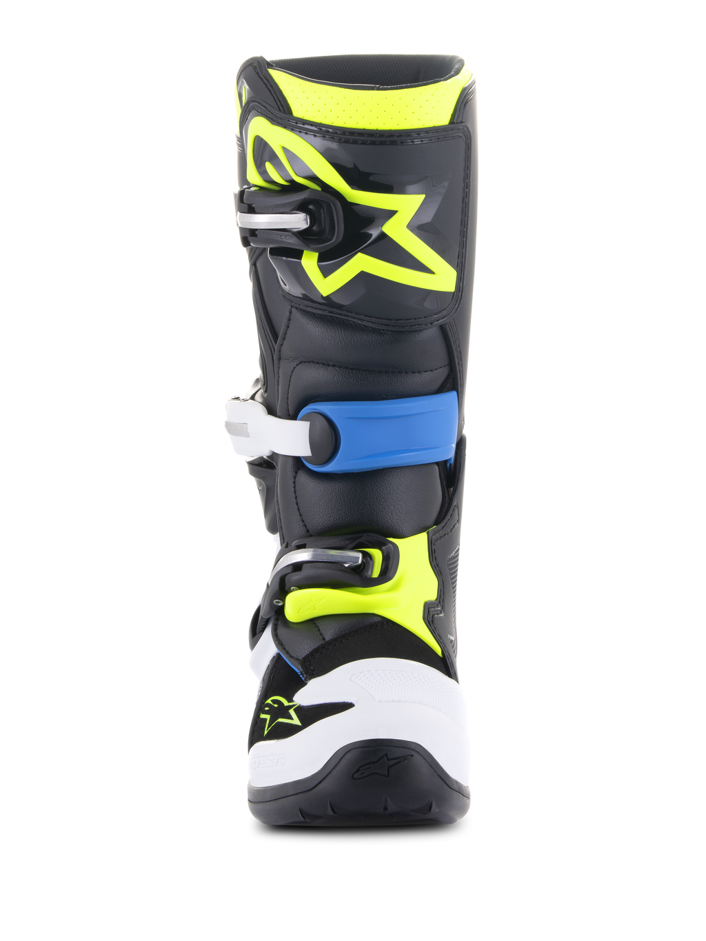 Alpinestars Youth Tech 7S Stiefel, Motocross-Stiefel, Schwarz, Enamel-Blau und Gelb Fluo, Vorderansicht mit einem robusten Mehrfach-Schnallenverschlusssystem, weißem Zehenschutz und leuchtend neongelbem Alpinestars-Logo auf der Schienbeinplatte