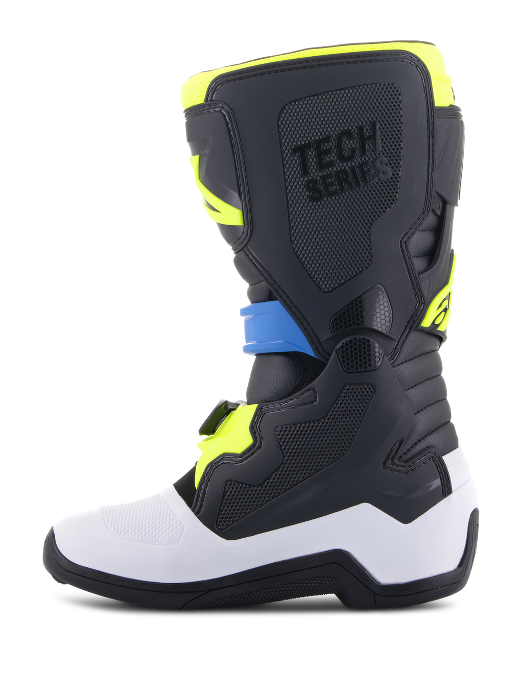 Alpinestars Youth Tech 7S Stiefel, Motocross-Stiefel, Schwarz, Enamel-Blau und Gelb Fluo, mit weißer unterer Schale, schützenden schwarzen TPU-Einsätzen mit „TECH SERIES“-Branding und einem sicheren Schnallensystem, für jugendliche Fahrer entwickelt.