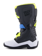 Alpinestars Youth Tech 7S Stiefel, Motocross-Stiefel, Schwarz, Enamel-Blau und Gelb Fluo, mit weißer unterer Schale, schützenden schwarzen TPU-Einsätzen mit „TECH SERIES“-Branding und einem sicheren Schnallensystem, für jugendliche Fahrer entwickelt.