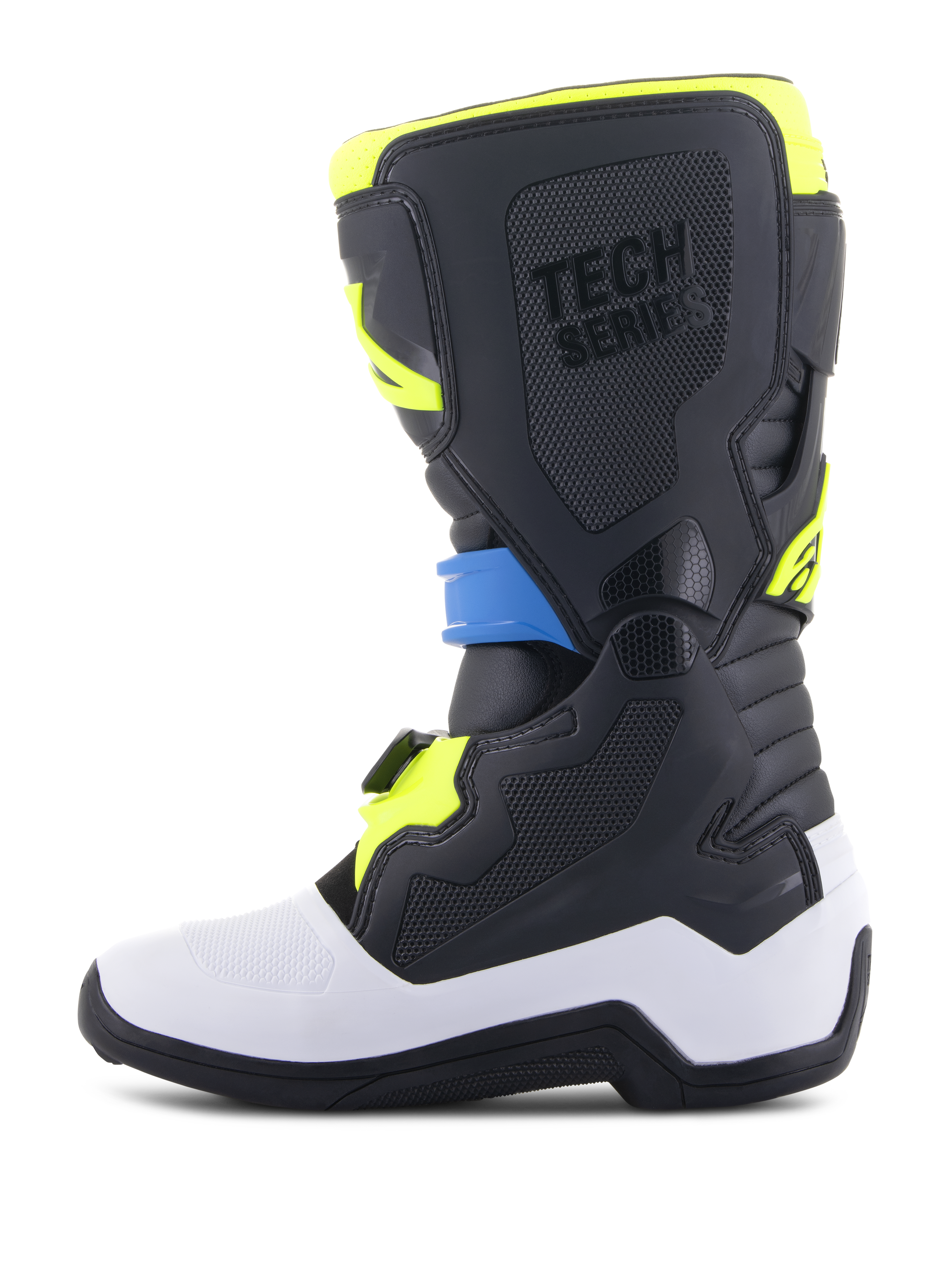 Alpinestars Youth Tech 7S Stiefel, Motocross-Stiefel, Schwarz, Enamel-Blau und Gelb Fluo, mit weißer unterer Schale, schützenden schwarzen TPU-Einsätzen mit „TECH SERIES“-Branding und einem sicheren Schnallensystem, für jugendliche Fahrer entwickelt.