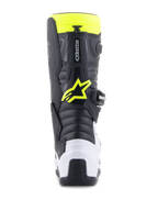 Alpinestars Youth Tech 7S Stiefel, Motocross-Stiefel, Schwarz, Weiß und Gelb Fluo, Rückansicht mit weißem Fersenschutz und neongelbem Alpinestars-Logo, strapazierfähiges Offroad-Schuhwerk für Nachwuchsfahrer