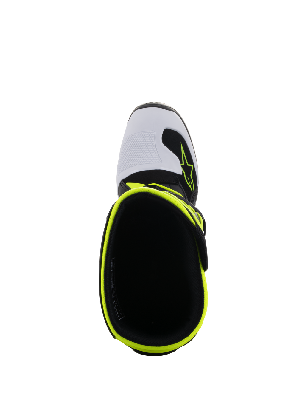 Alpinestars Youth Tech 7S Stiefel, Motocross-Stiefel, Schwarz, Weiß und Gelb Fluo, Draufsicht mit Innenöffnung und fluoreszierendem gelben Rand, weiße Zehenkappe mit Alpinestars-Logo, hochleistungsfähige Schutzausrüstung für Jugendliche
