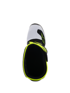 Alpinestars Youth Tech 7S Stiefel, Motocross-Stiefel, Schwarz, Weiß und Gelb Fluo, Draufsicht mit Innenöffnung und fluoreszierendem gelben Rand, weiße Zehenkappe mit Alpinestars-Logo, hochleistungsfähige Schutzausrüstung für Jugendliche