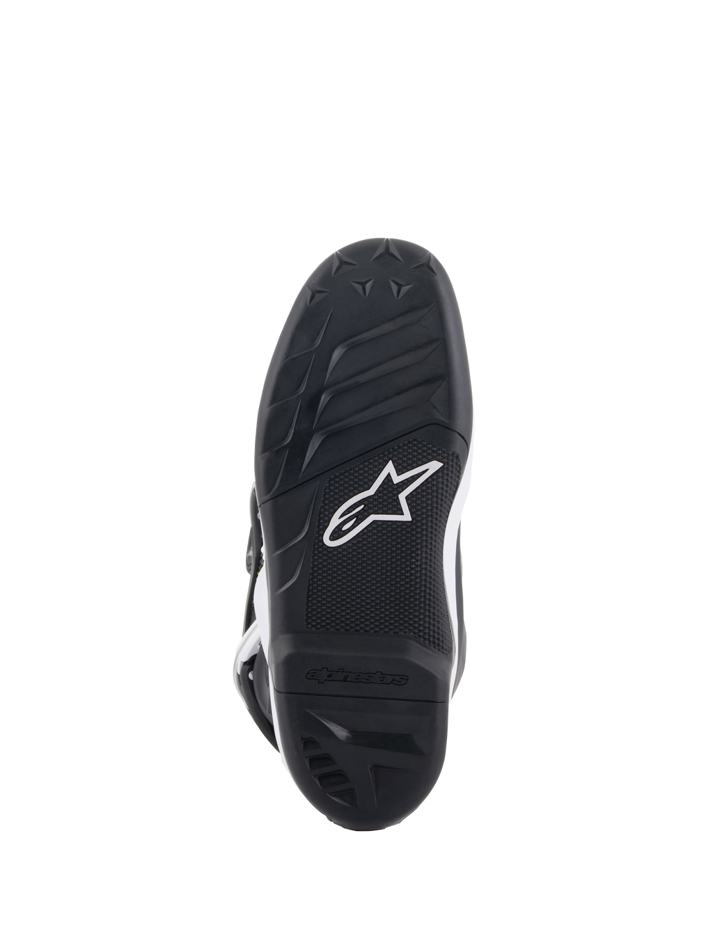 Alpinestars Youth Tech 7S Stiefel, Ansicht der Sohle, schwarzer Gummi mit strukturiertem Profilmuster und weißem Alpinestars-Logo, langlebige Verbundkonstruktion für Jugend-Motocross.