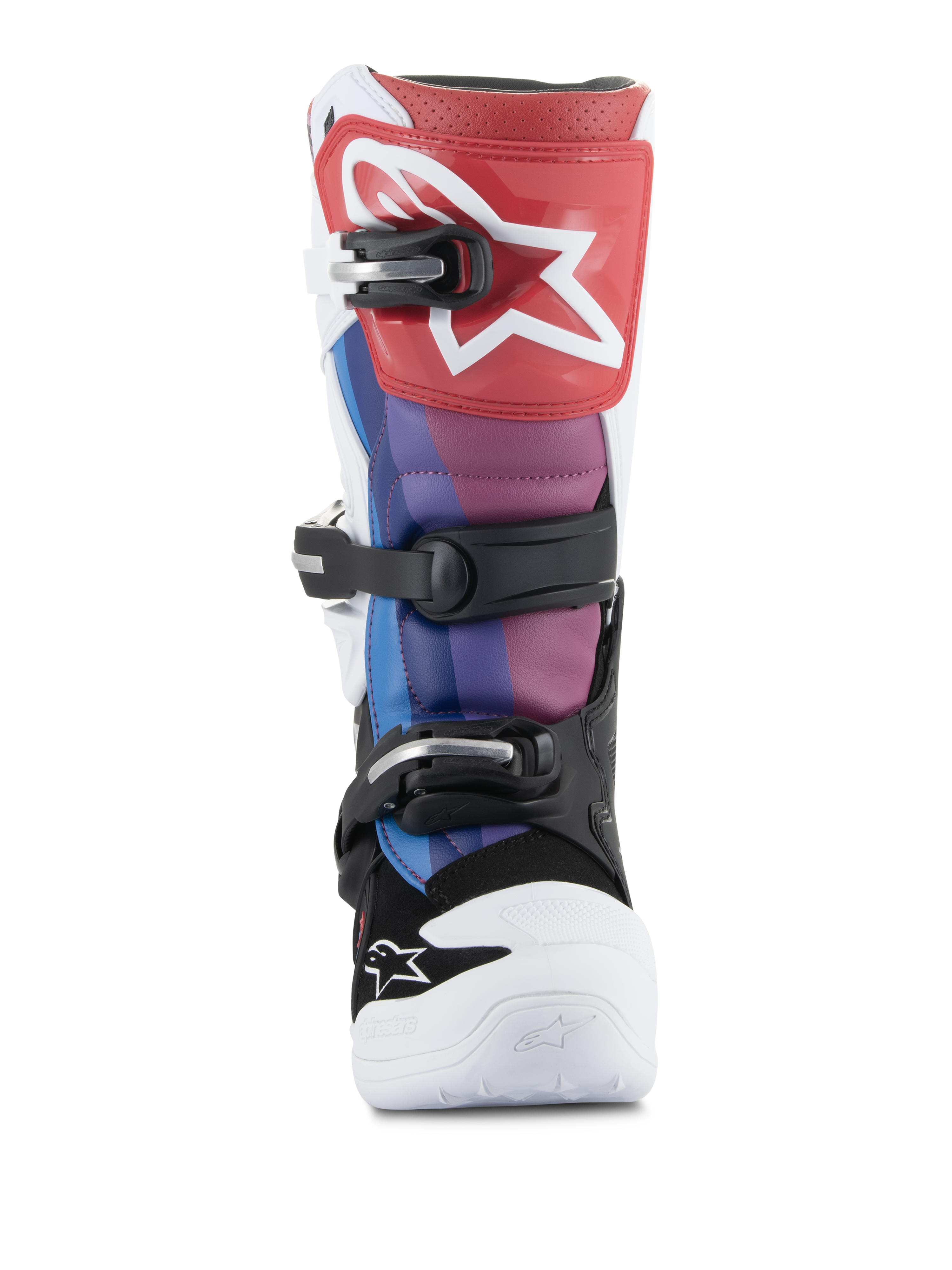 Alpinestars Youth Tech 7S Stiefel, Motocross-Stiefel, White Black Rainbow, Vorderansicht mit roter Schienbeinplatte und weißem Stern-Logo, blauen und lila Einsätzen, schwarzem Schnallensystem und weißer Zehenkappe, strapazierfähiges Schuhwerk für den Offroad-Rennsport