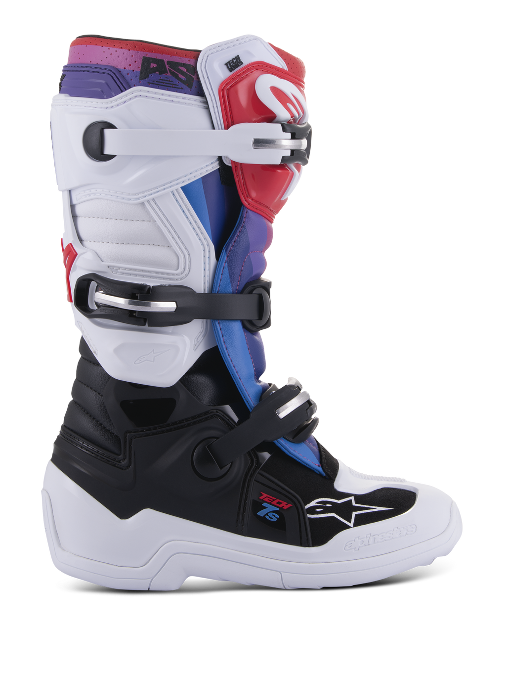 Alpinestars Youth Tech 7S Stiefel, Motocross-Stiefel für junge Fahrer, Weiß und Schwarz mit roten, blauen und lila Akzenten, mit einem Dreifach-Schnallen-Verschlusssystem, schützenden TPU-Paneelen und einer robusten dicken weißen Sohle