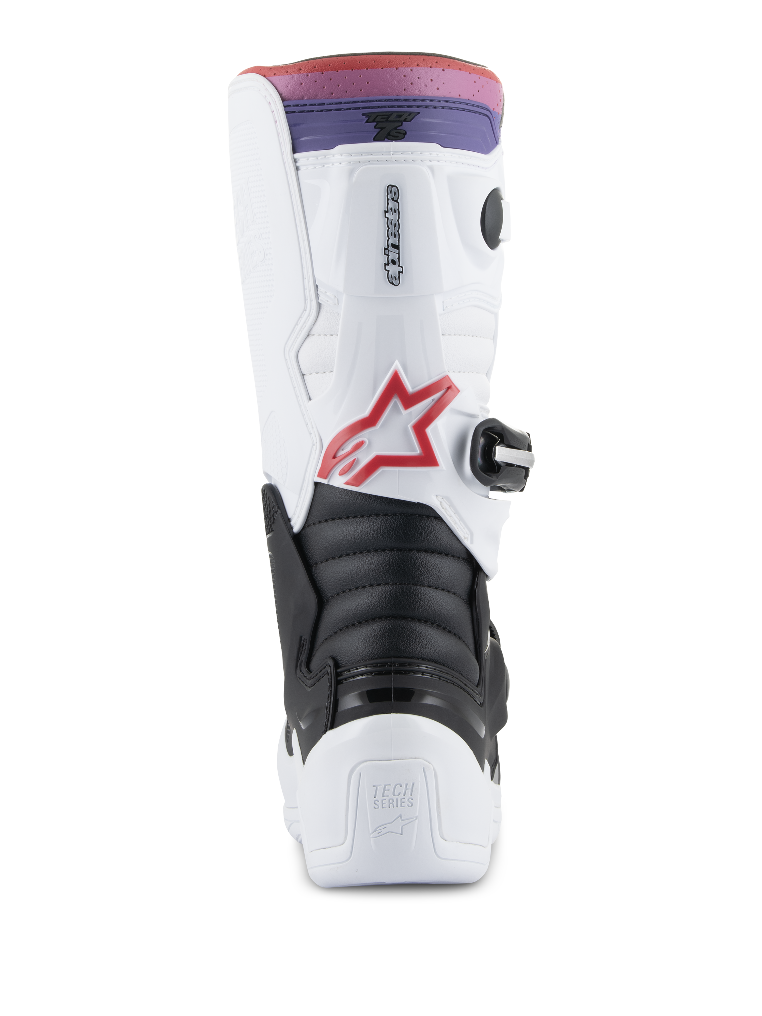 Alpinestars Youth Tech 7S Stiefel, Motocross-Stiefel, Weiß, Schwarz und Regenbogenfarben, Rückansicht mit Fersen- und Wadenschutz, schwarze Akkordeon-Flexzone, rotes Stern-Logo und ein pink-violettes Verlaufsband am oberen Rand