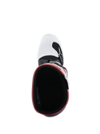 Alpinestars Youth Tech 7S Stiefel, Motocross-Stiefel, Weiß Schwarz Regenbogen, Draufsicht mit Blick in den Stiefel, schwarzes Innenfutter mit rotem Rand, weiße Zehenbox mit schwarzem Alpinestars-Logo