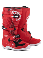 Alpinestars Youth Tech 7S Stiefel, Rote Motocross-Stiefel mit weißen und schwarzen Akzenten, Dreifach-Schnallenverschlusssystem, weißes Alpinestars-Logo auf dem Schienbein, strapazierfähige weiße Sohle